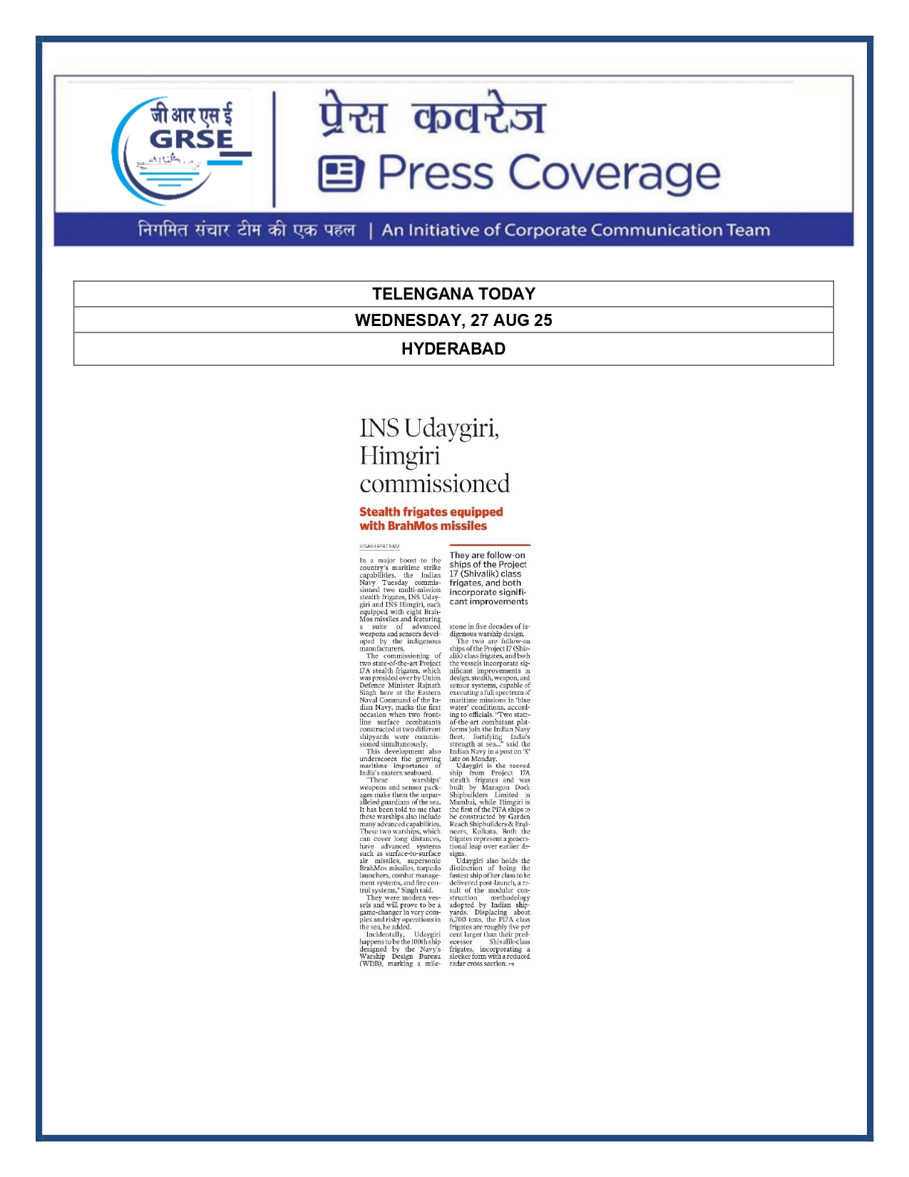 Press Coverage : 27 Aug 25:India will build its own warships,import no more:Rajnath